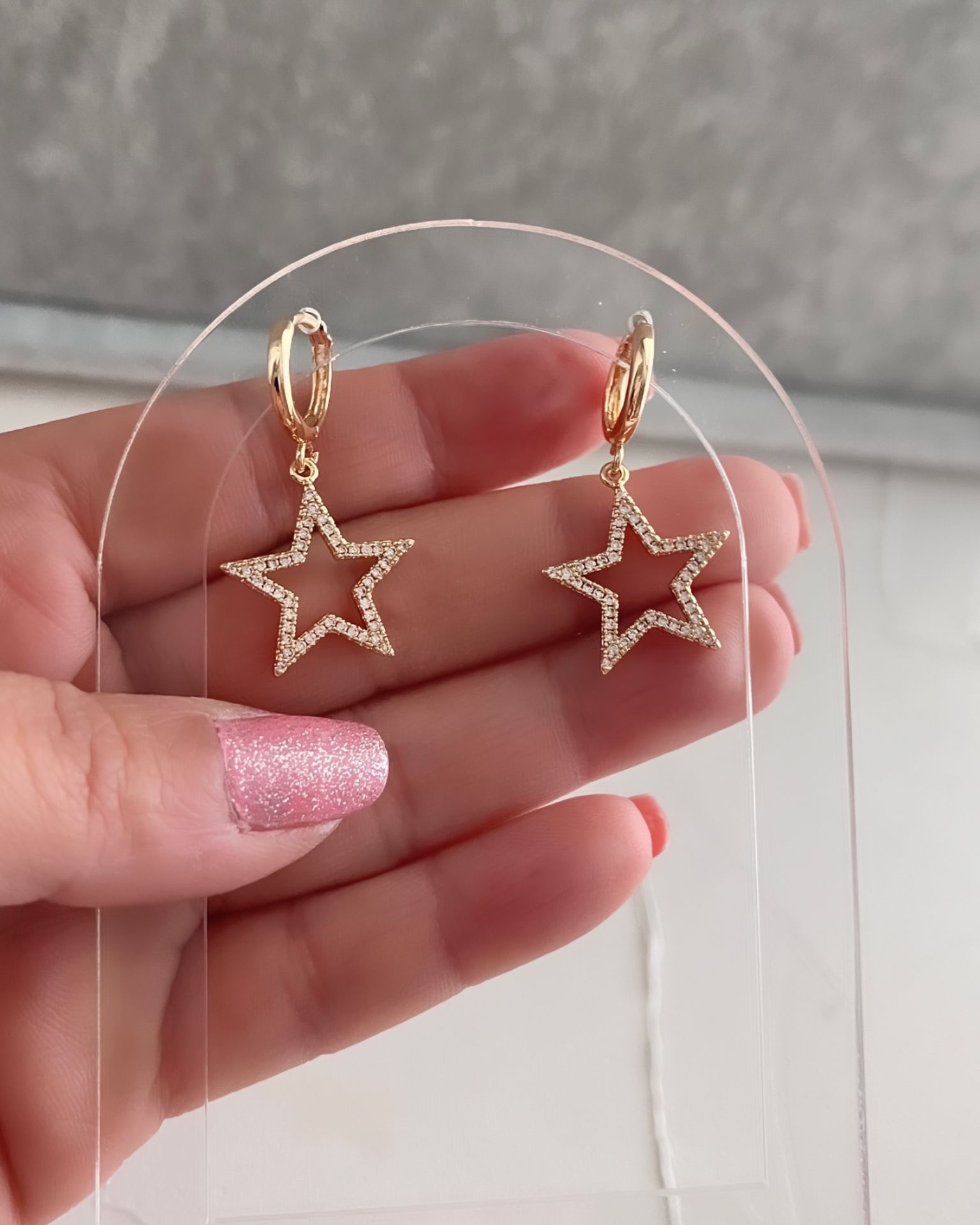 Gömme Taşlı Yıldız Küpe-Gold