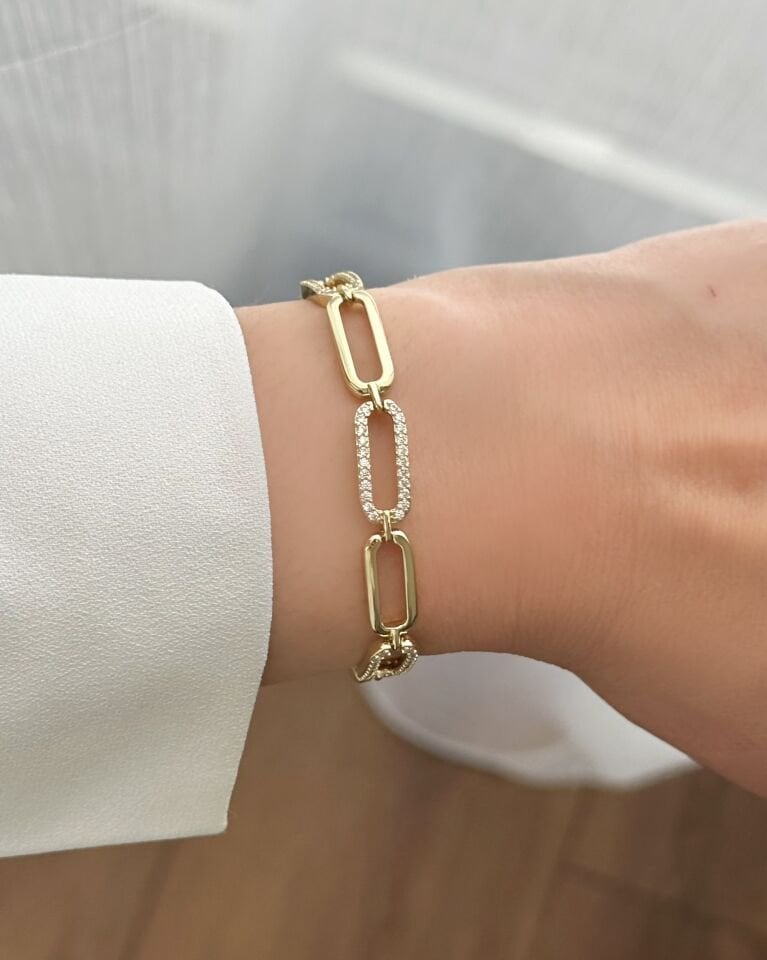 Açık Gold Taşlı Geniş Zincir Bileklik