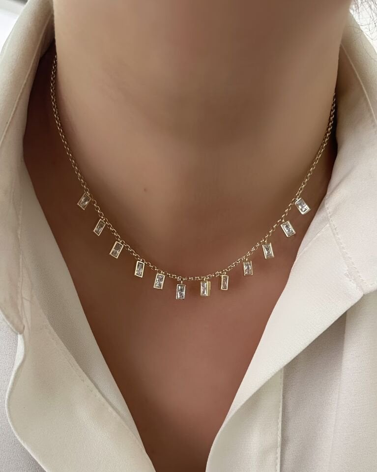 Açık Gold Sıra Baget Taşlı Kolye|Beyaz Taş