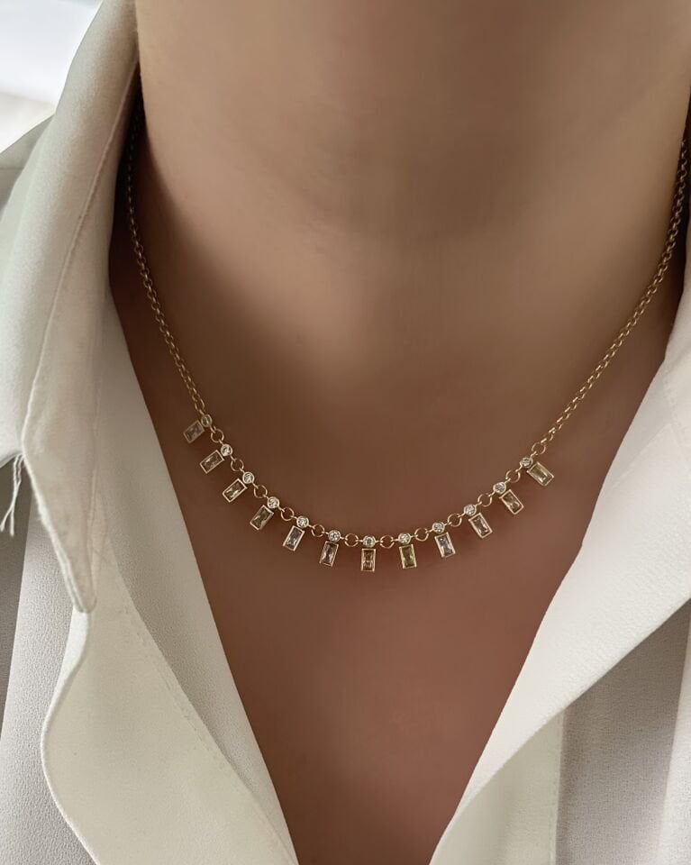 Açık Gold Sıra Baget Taşlı Kolye|Renkli Taşlı
