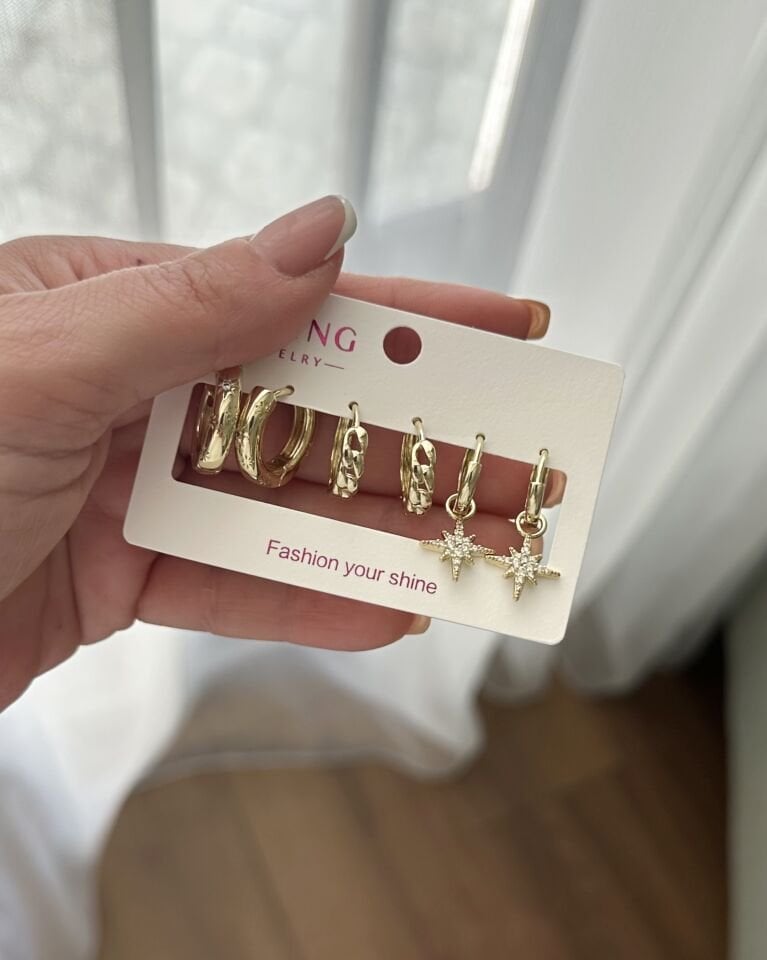 Açık Gold Kuzey Yıldızı Küpe Seti