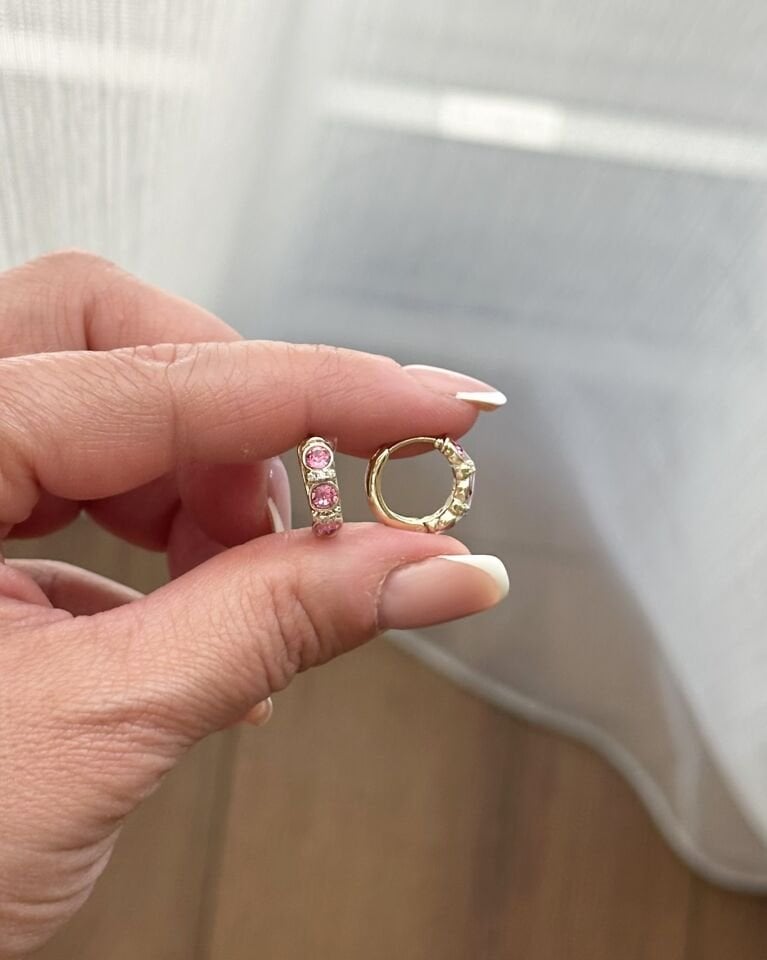 Açık Gold Pembe Taşlı Minik Halka Küpe