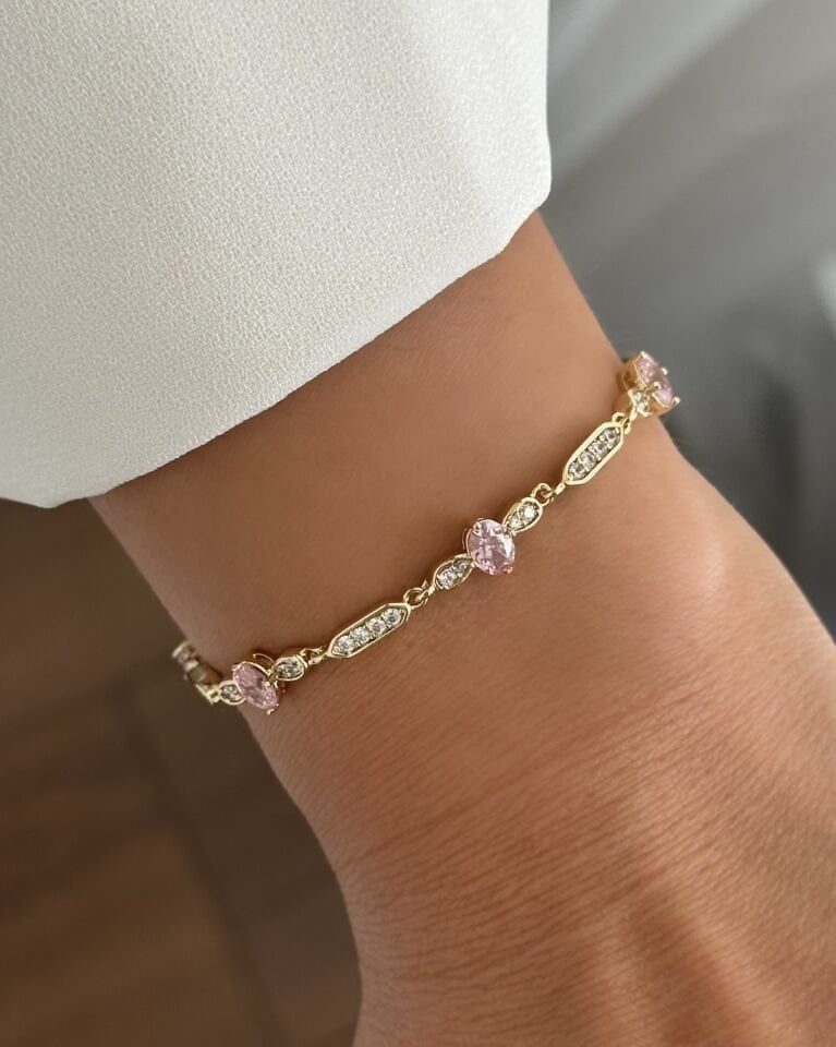 Açık Gold Pembe Damla Taşlı Bileklik