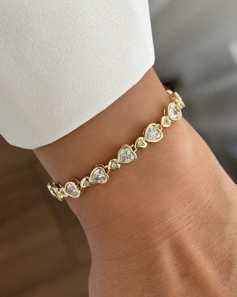 Açık Gold Beyaz Taşlı Kalp Yolu Bileklik