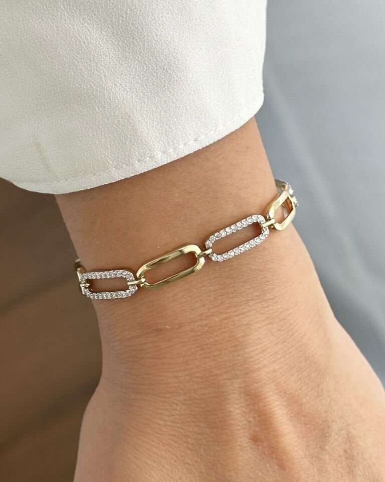 Açık Gold Silver Taşlı Geniş Zincir Bileklik