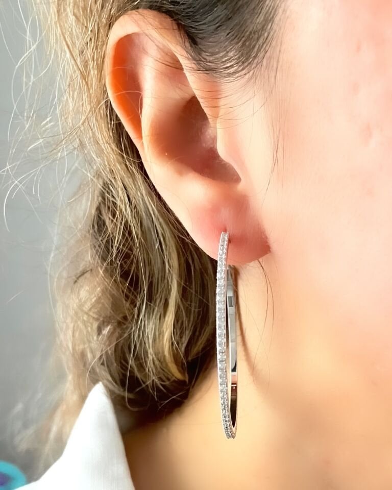 Taşlı Halka Küpe Silver|5cm
