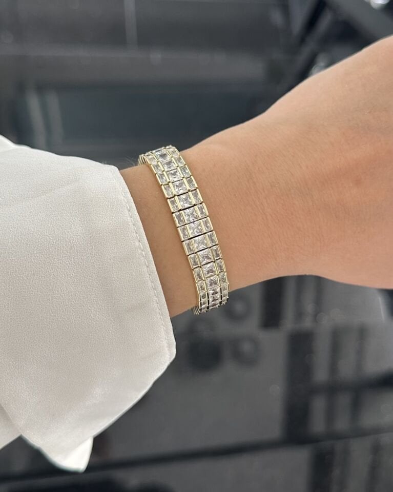 Açık Gold Üç Sıra Kare Taş Bileklik