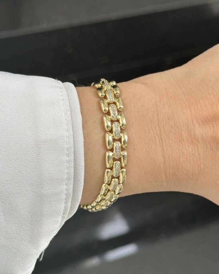 Açık Gold Ortası Taş Detaylı Bileklik