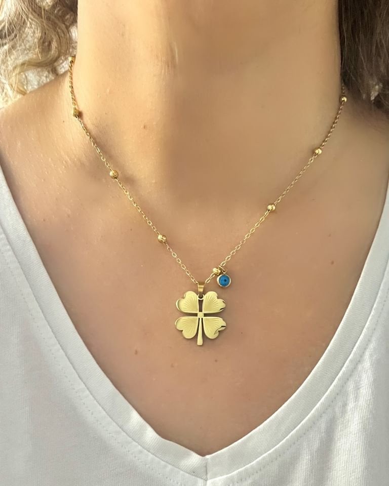 Dorika Zincirde Nazarlı Klasik Yonca Kolye