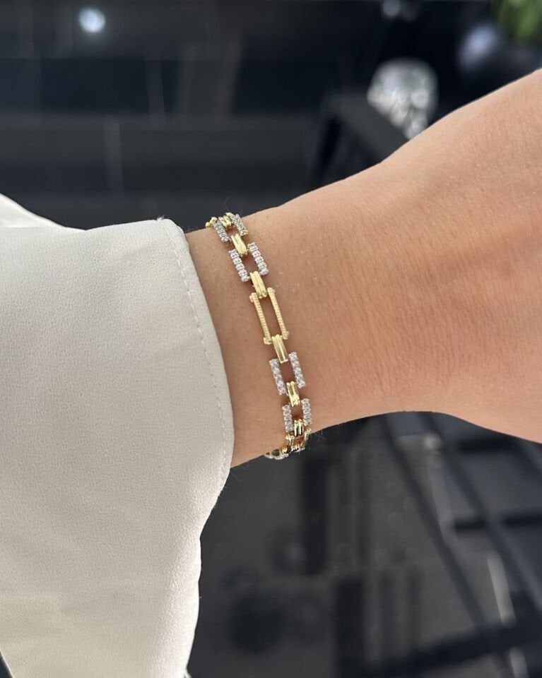 Açık Gold Silver Taşlı Zincir Bileklik