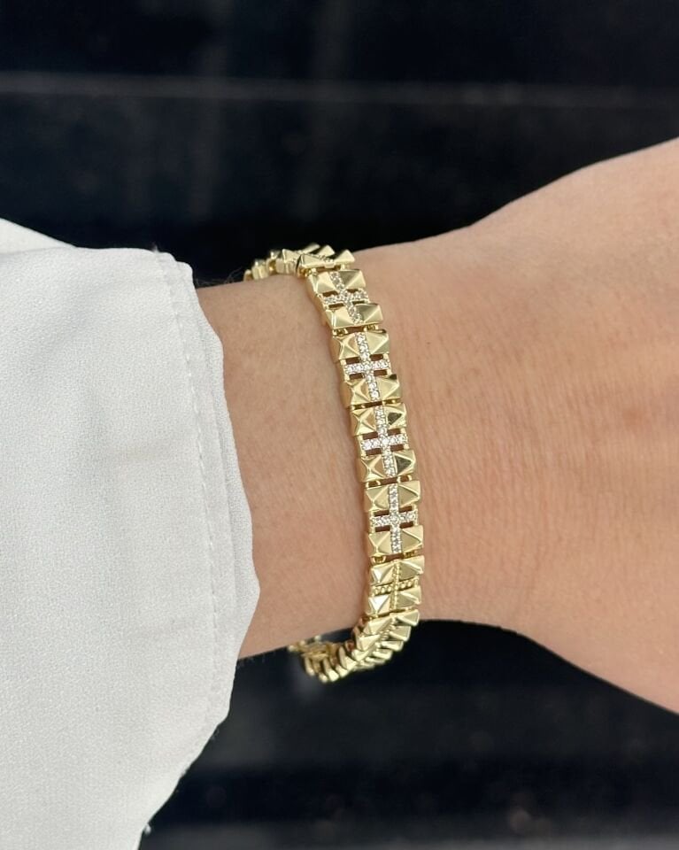 Açık Gold Dövme Plaka Taşlı Bileklik