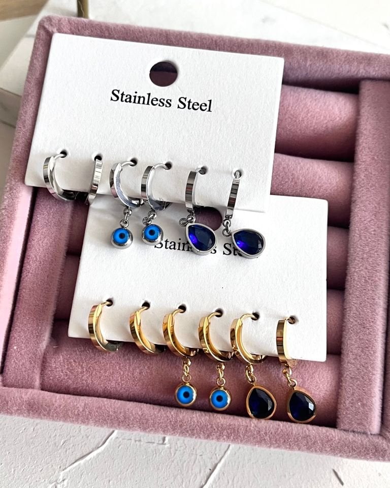 Mavi Taş ve Nazar Detaylı Altılı Küpe Setleri