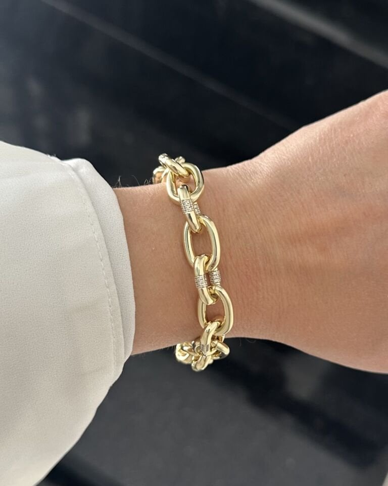 Açık Gold Kalın Zincir Taş Detaylı Bileklik
