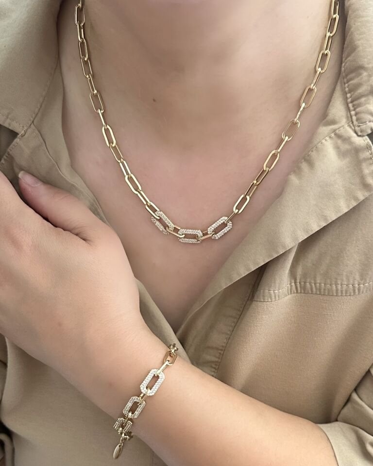 Açık Gold Taş Detaylı Zincir Set