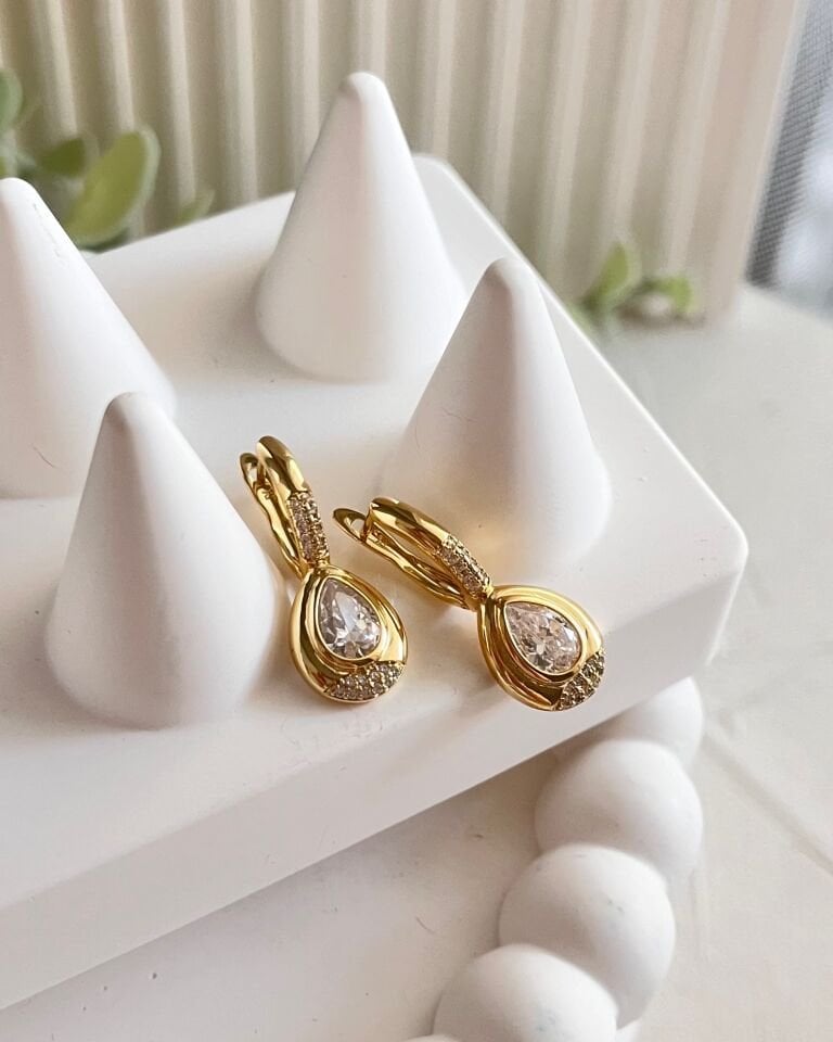 14k Açık Gold Damla Taş Küpe