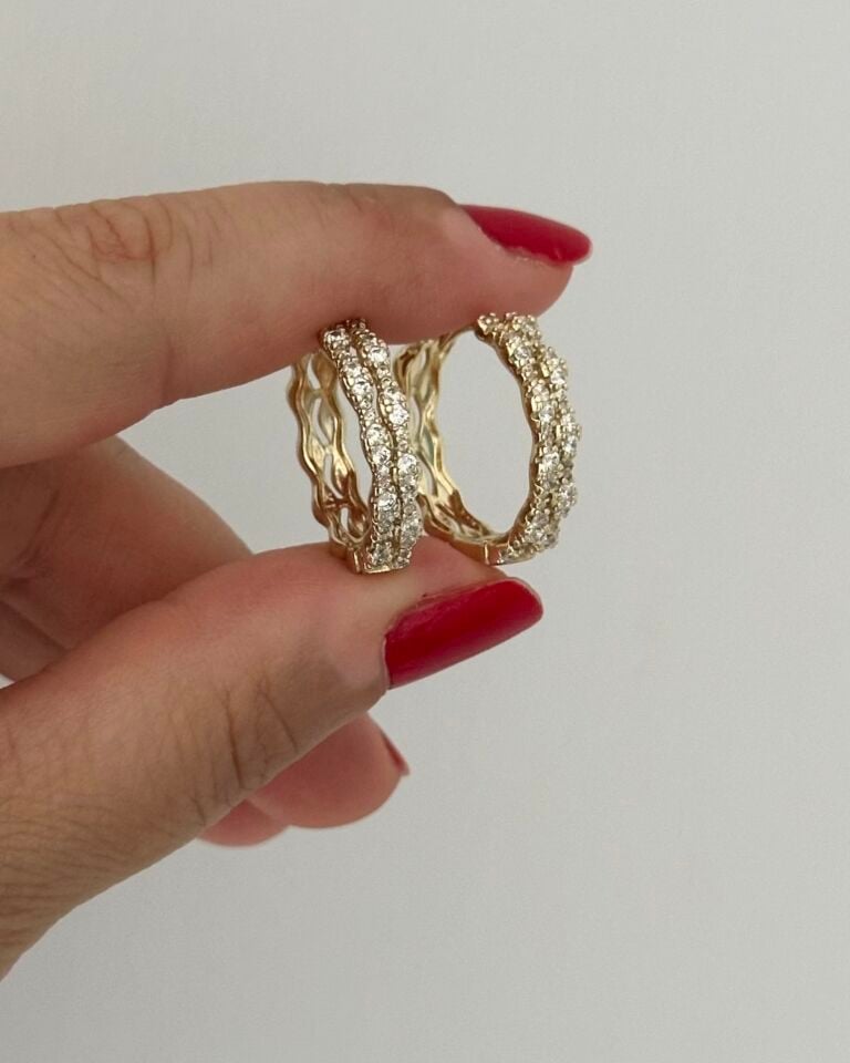 Açık Gold Çift Sıra Taşlı Halka Küpe