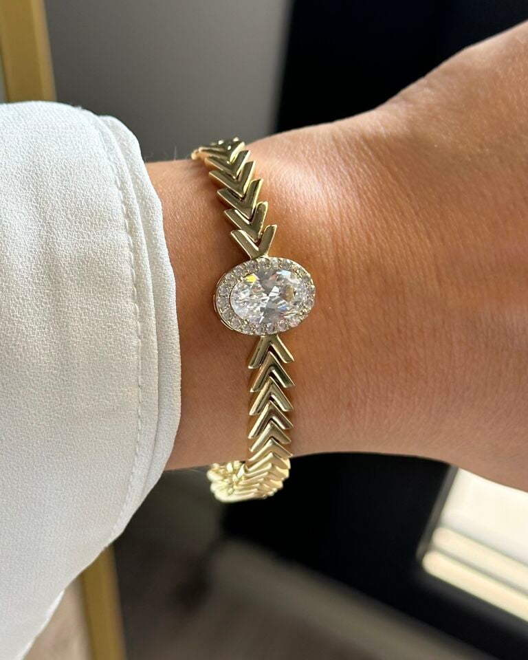 Açık Gold Büyük Oval Taşlı Balıksırtı Bileklik