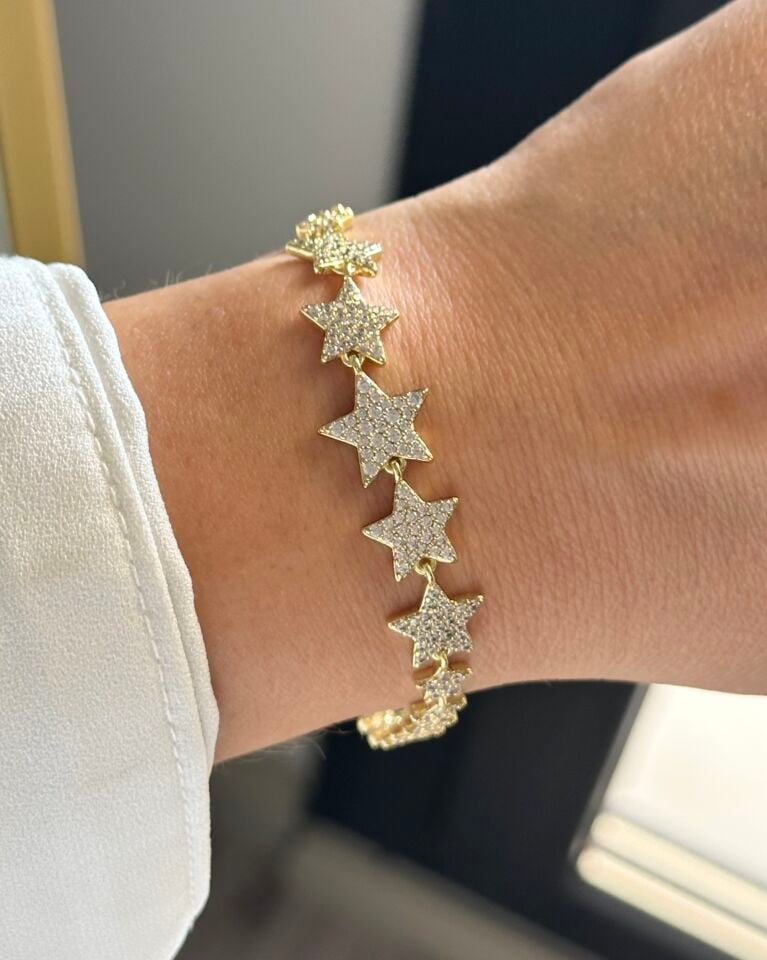 Açık Gold Taşlı Sıra Yıldız Bileklik