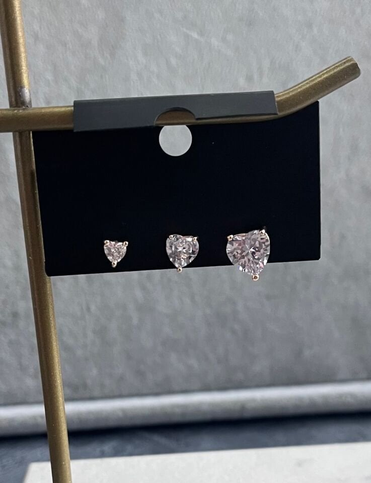 Minimal Gold Montür Beyaz Taşlı Kalp Set