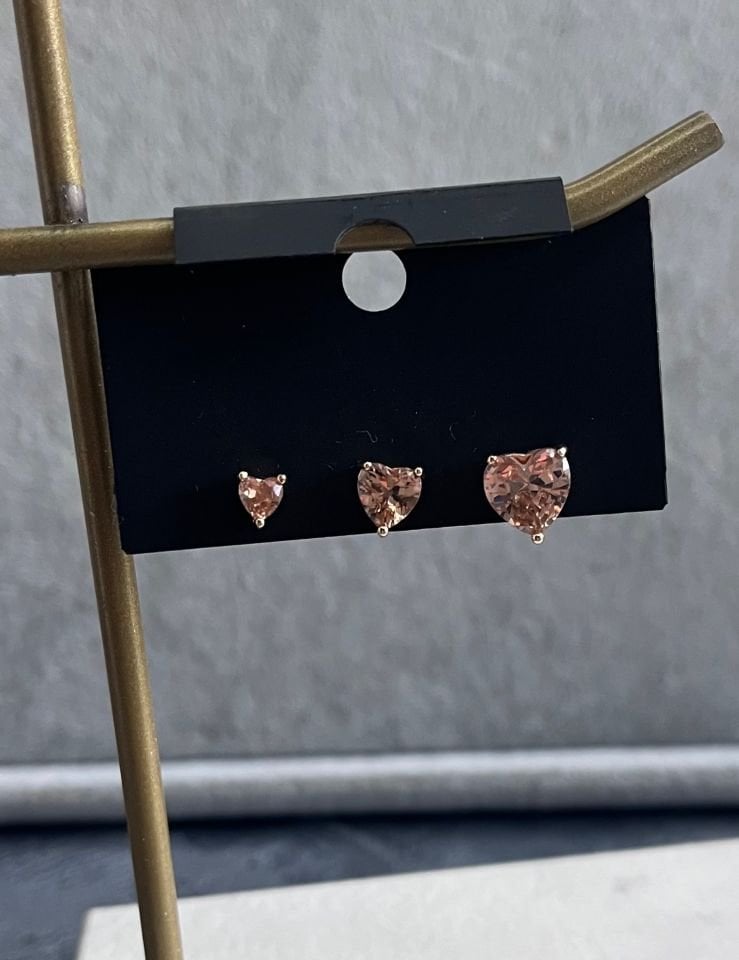 Minimal Gold Montür Somon Taşlı Kalp Set