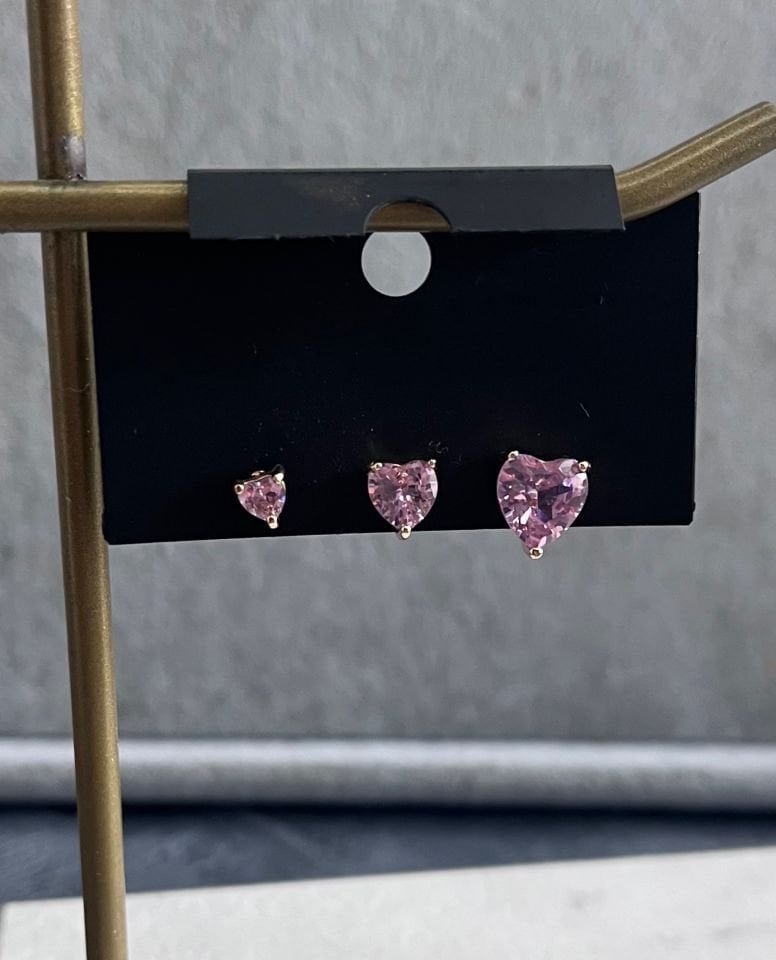 Minimal Gold Montür Pembe Taşlı Kalp Set