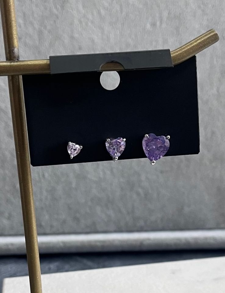 Minimal Silver Montür Mor Taşlı Kalp Set