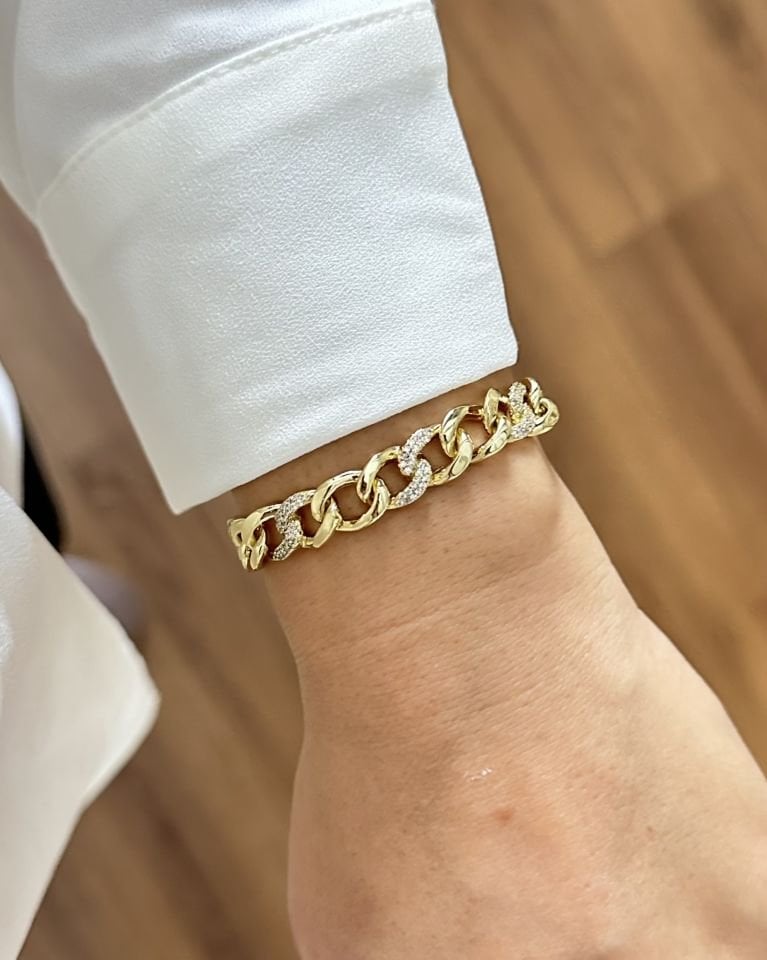 Açık Gold Taşlı Zincir Künye