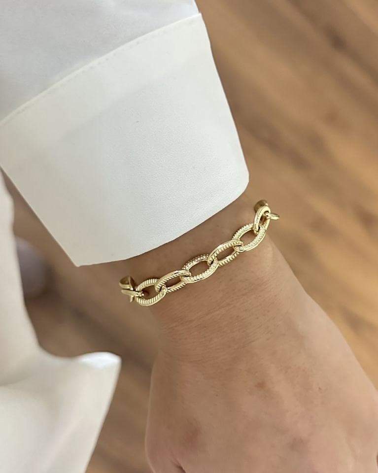 Açık Gold Tırtık Desenli Oval Zincir Künye