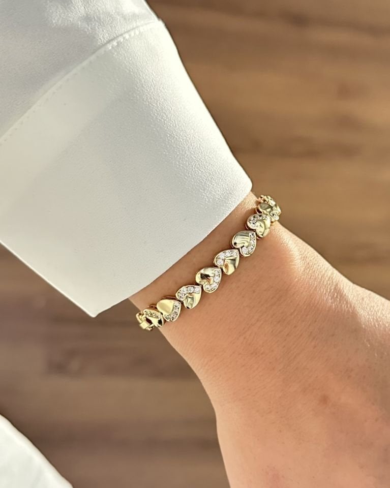 Açık Gold Taşlı Kalp Sıralı Künye