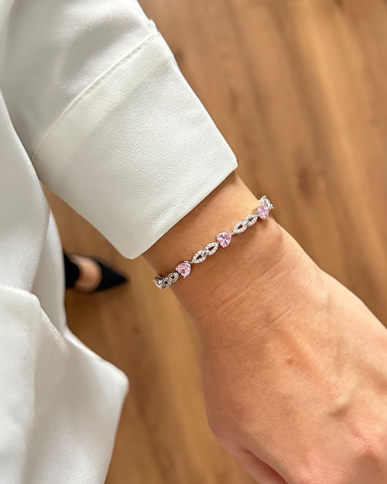 Pembe Kalp Taşlı Silver Künye