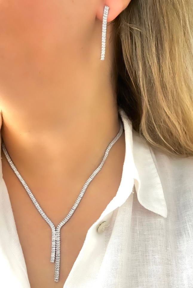 Y Model Baget Taşlı Silver Kolye-Küpe Set