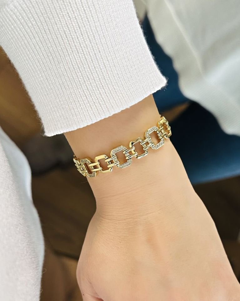 Açık Gold Taş Detaylı Kalın Zincir Künye