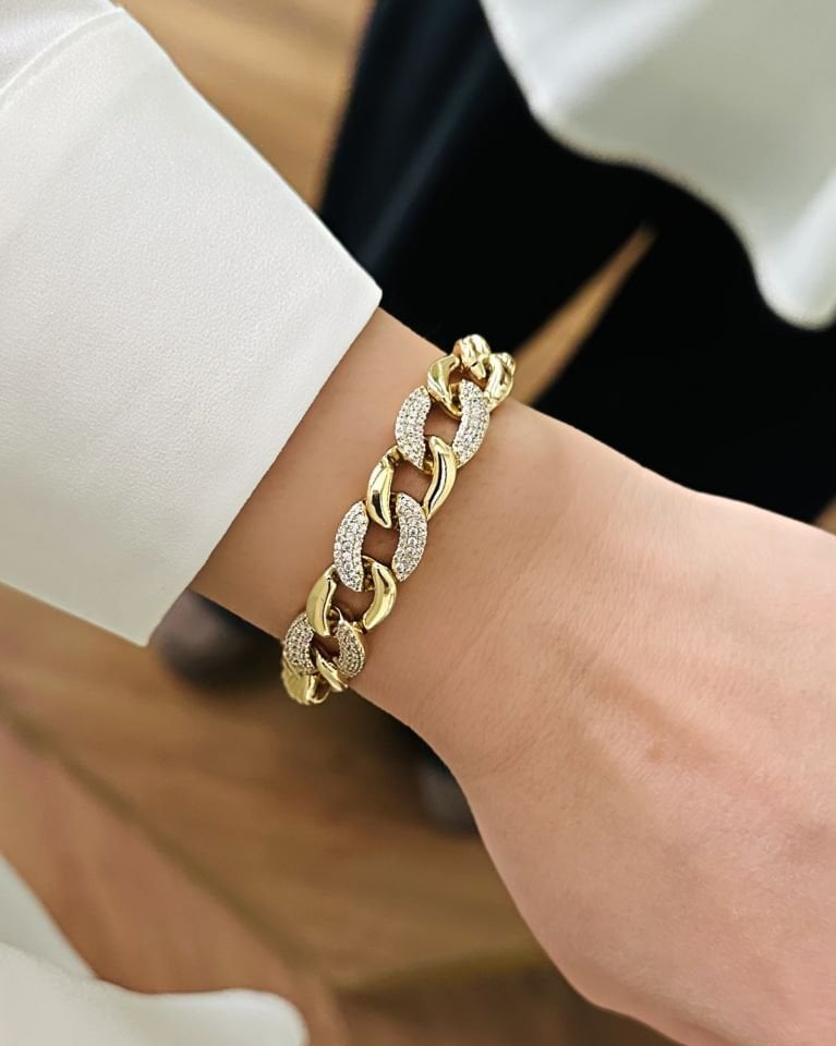 Açık Gold Ortası Taşlı Zincir Gurmet Künye