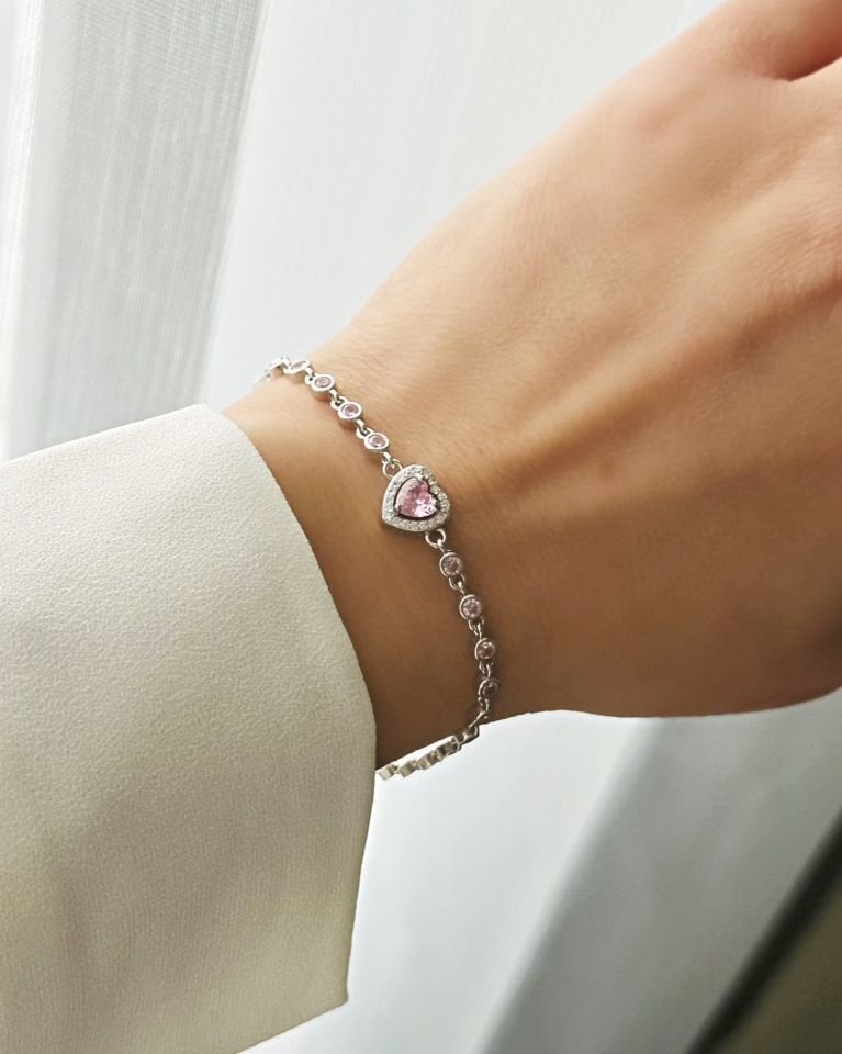 Pembe Taşlı Kalp Bileklik|925 Gümüş
