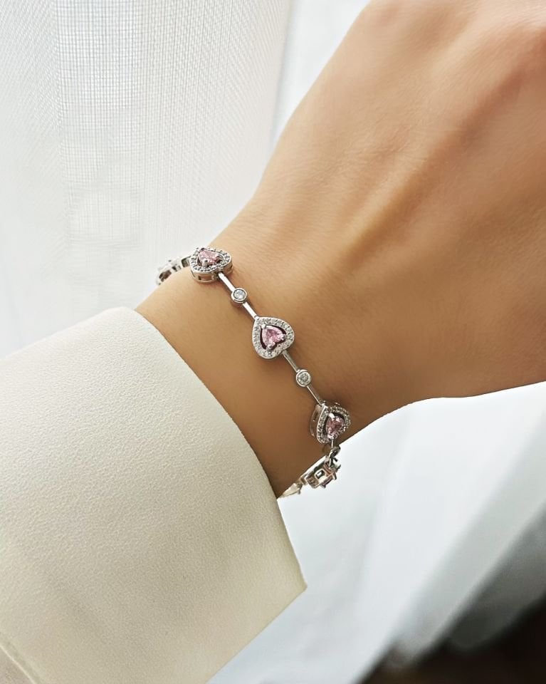 Tek Taş Detaylı Pembe Kalp Bileklik|925 Gümüş