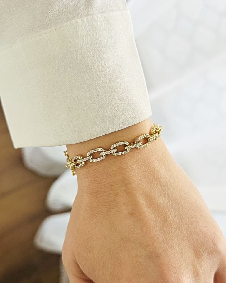 Açık Gold Tamamı Taşlı Zincir Bileklik