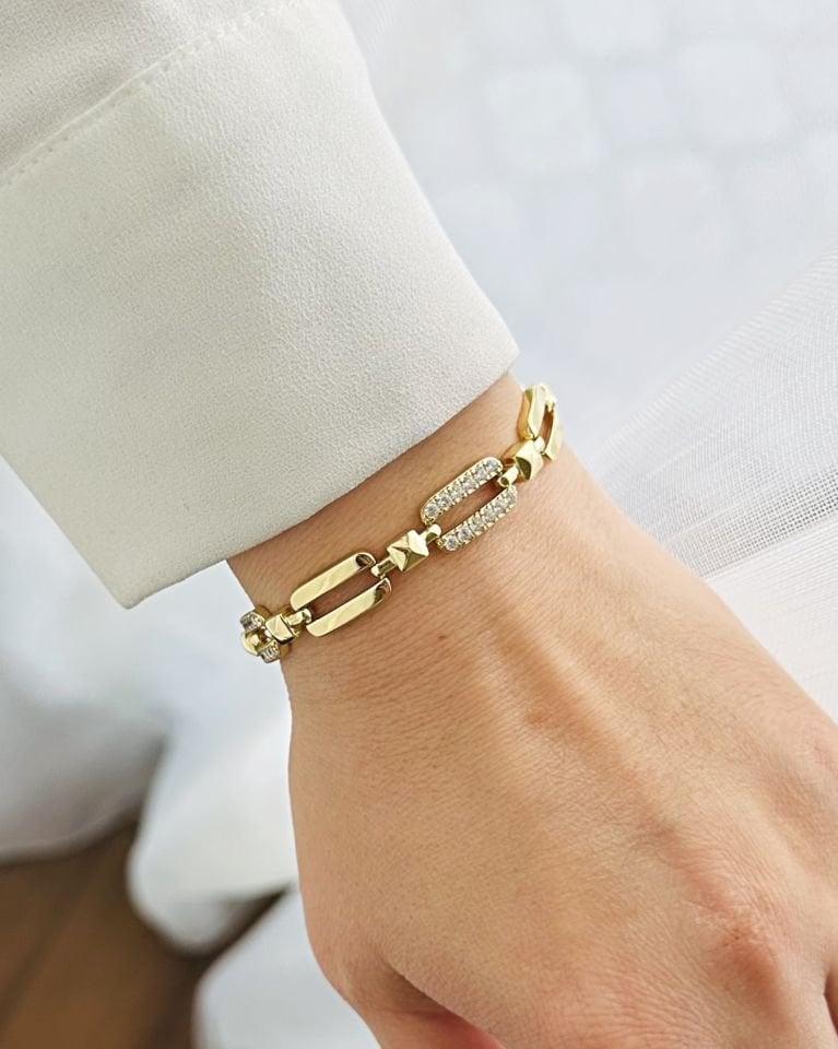 Açık Gold Taşlı Geniş Zincir Bileklik