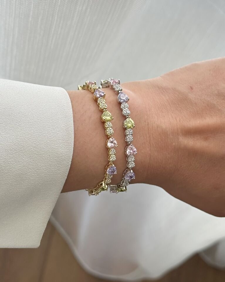 Renkli Taşlı Prenses Montür Kalp Bileklikler